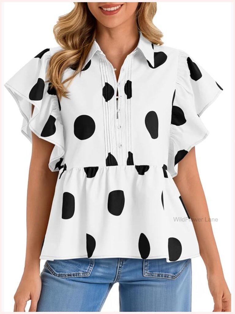 Polka Dot Babydoll Tops Peplum Ruffle Cap Sleeve Blouse Summer Casual Half